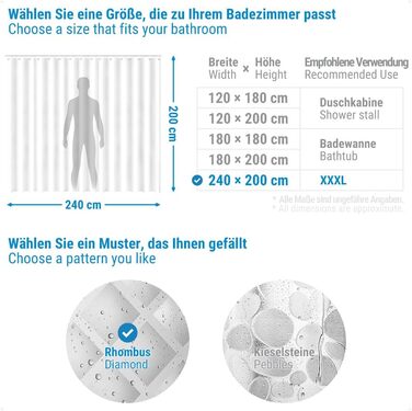 Шторка для душу Ecooe 3D ромби, прозора, 100% EVA, водонепроникна, антигрибкова, 240x200 см, з 16 кільцями, для ванної кімнати, товщина 0,15 мм