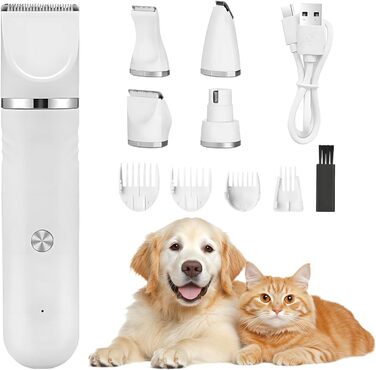 Набір для стрижки собак 4-в-1 Leise: професійна бездротова машинка для собак та котів, перезаряджається, з 4 насадками. Білий колір.