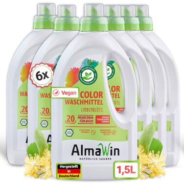 Рідкий засіб для прання кольорових речей AlmaWin Color з ароматом липи, екологічний та веганський, 1.5 л (набір 6 шт), для температури 30-60°C