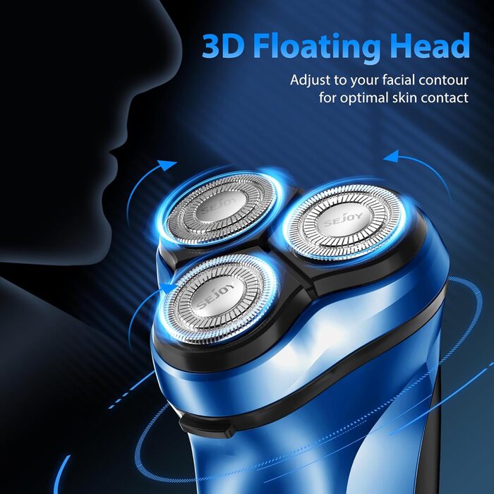 Електрична бритва Sejoy для чоловіків, суха, з підзарядкою, з висувним тримером, швидка зарядка за 1 годину, 3D-головка, LCD-дисплей (Азурний колір)