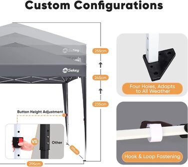 Sekey One-Touch Pop-Up Pavilion 3x3 Waterproof Stable Winter-Proof, Folding Pavilion 3x3m with Thickened Tubes, Party Tent Pavilion Foldable for Camping Festival Party, Grey
