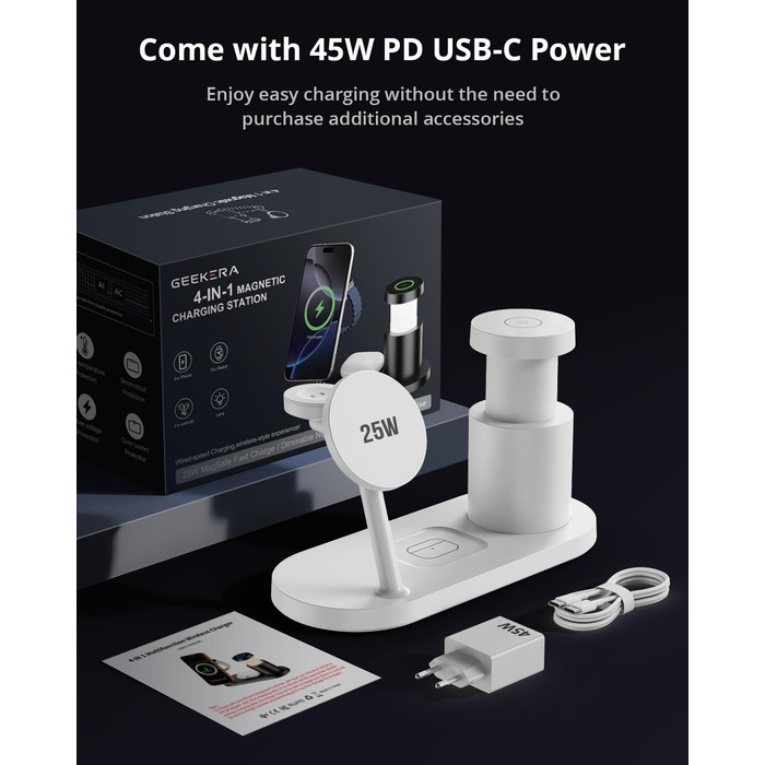 GEEKERA 25W Бездротова зарядка 4-в-1 MagSafe для iPhone 17/16/15/14/13/12, Apple Watch, AirPods + Блок живлення 45W (білий)