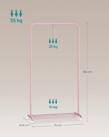SONGMICS Clothes Rack, Rolling Garment Rack, Metal Wardrobe Stand, Rolling Wardrobe 91 cm wide, with Shelf, 2 Swivel Wheels with Brake, Rod Load Capacity up to 40 kg, HSR025A01 (Pastel Pink, 74x40.5x158cm)