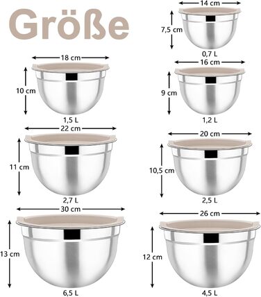 Homikit Mixing Bowls, 7-Piece Stainless Steel Bowl Set with Airtight Lid, Stackable Salad Bowl for Cooking/Baking/Serving, Dishwasher Safe, 6.5/4.5/2.7/2.5/1.5/1.2/0.7L, Khaki