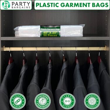 Прозорі пластикові чохли для одягу Party Bargains 63,5x101,6 см, 100 шт, 80 мкм, для хімчистки, пралень, захист костюмів, суконь, пальт, уніформи