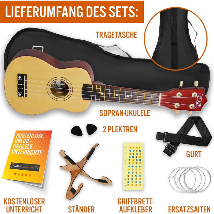 Укулеле Sopran 21 дюйм 3rd Avenue – початковий набір з аксесуарами (сумка, підставка, ремінь, струни, медіатори, наклейки на гриф) – колір: натуральний + 1 місяць безкоштовних онлайн-уроків для початківців