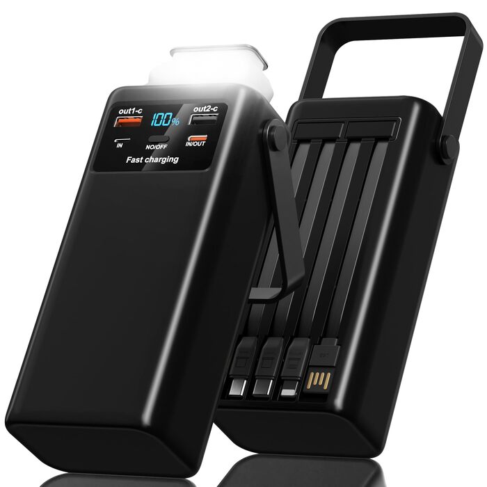 Power Bank 60000mAh з PD 45W, LED дисплеєм та ліхтариком. 4 вбудовані кабелі, 2 USB-A та 1 Type-C. Чорний