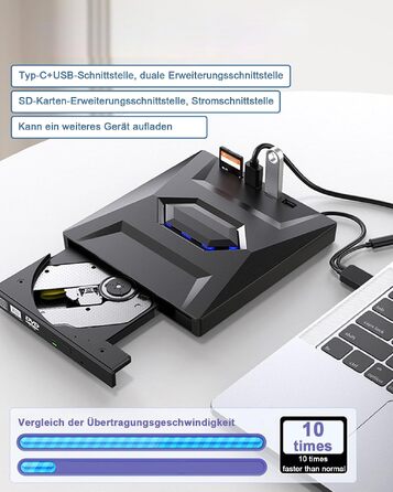 Зовнішній CD/DVD привід для ноутбука та ПК USB 3.0 & Type-C, DVD-RW записувач з картридером SD/TF та USB-хабом для Windows, Linux, Vista
