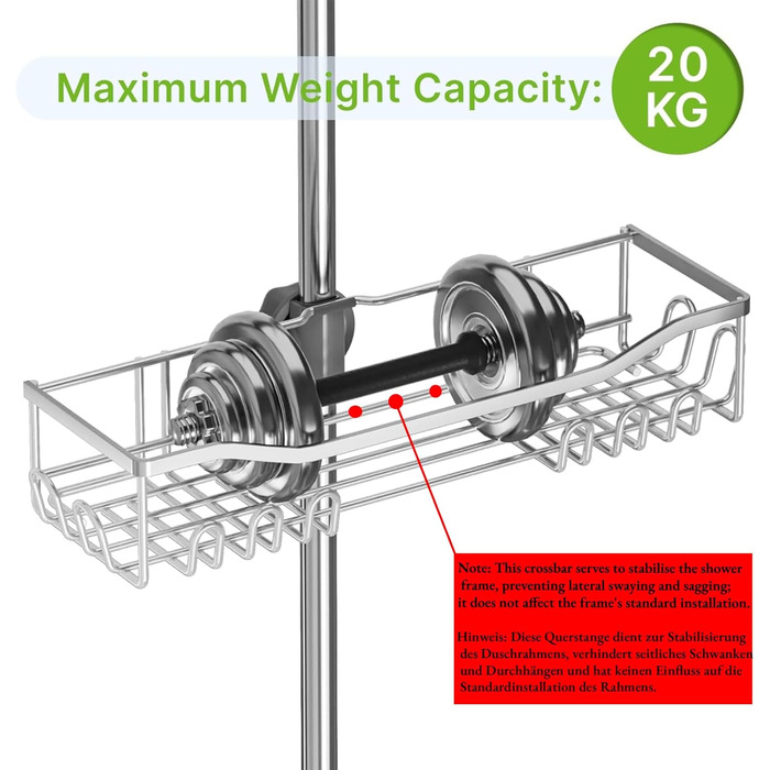 Двомісна поличка для душу без свердління, нержавіюча сталь 304, велика місткість, для стійок 18-25 мм, срібна