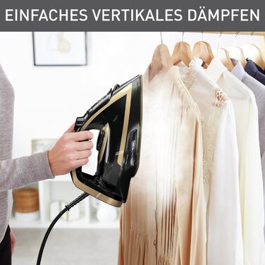 Tefal FV8064 Puregliss Steam Iron | 3000 Watts | 280 g/min Steam Boost | 0-50 g/min Variable Steam | Vertical Steam | Durilium AirGlide Autoclean Soleplate | Micro-Calc Filter | Black/Gold Black / Gold
