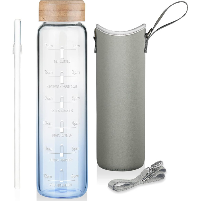 Drinking bottle, glass water bottle with straw and time markings, 900 ml, bottle with neoprene sleeve, gradient color, blue