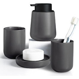 4-Piece Bathroom Accessories Set, Ceramic Bathroom Accessories Set with Soap Dispenser, Soap Dish, Toothbrush Holder, Elegant Matte Bathroom Set with Embossed Details, White (Gray)