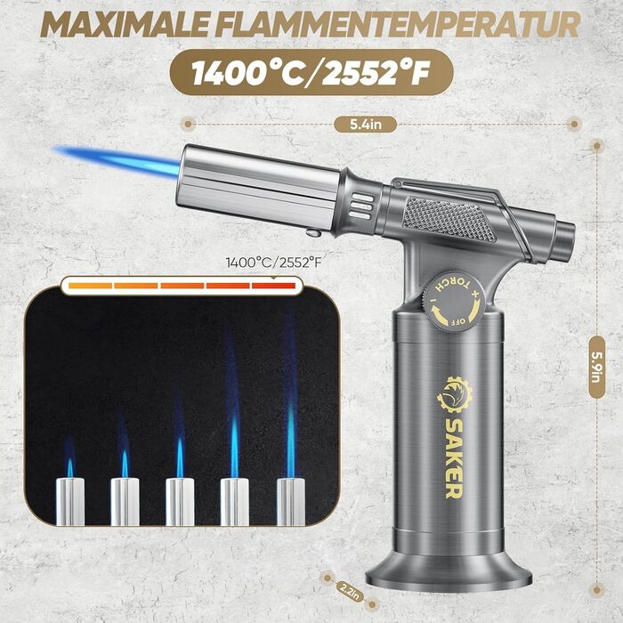 Професійний газовий пальник-фламбе SAKER для кулінарних страв та DIY: бутановий пальник з п'єзорозпалом для крем-брюле, паяння та рукодія, сріблястий