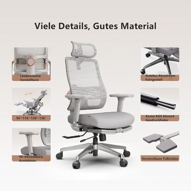 Офісне крісло Newtral MAGICH-PRO з підніжкою, ергономічне, з динамічною підголівником та поперековою підтримкою (сірий)