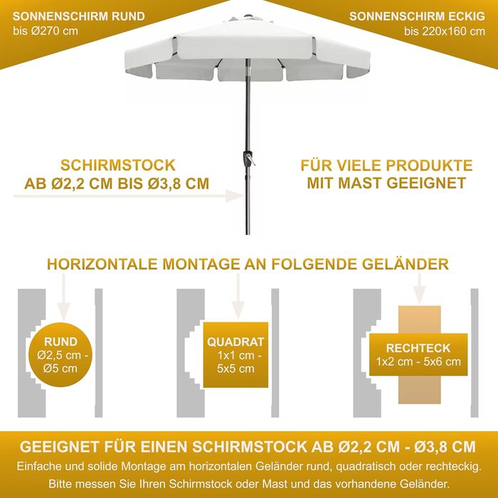 Stainless steel umbrella holder for balcony railings, round and square. Umbrella bracket suitable for umbrellas up to 270 cm. Balcony umbrella stand, stable square bracket, secure attachment to the railing.