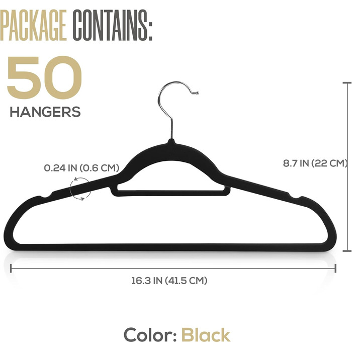 Плечики для одягу Utopia Home з оксамиту - антиковзаючі, міцні, з кріпленням для краваток (50 шт., чорний)