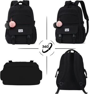 Шкільний рюкзак для підлітків: водонепроникний, з відділенням для ноутбука 15.6 дюймів, легкий, чорний