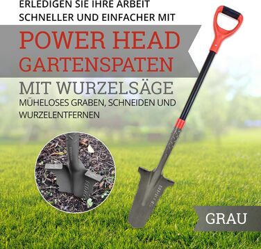 Садова лопата Red Tools Power Head з кореневою пилкою, 115 см, міцне лезо для кам'янистих і твердих ґрунтів, із підпорою для ноги та м'якою ручкою (сіра)