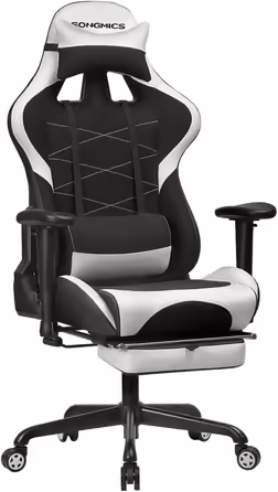 SONGMICS Gaming Chair with Footrest, 330 lbs, Office Chair, Desk Chair, Lumbar Pillow, Headrest, High Backrest, Ergonomic, Steel, Faux Leather, Breathable Mesh Fabric, Black-White RCG52BW Black + White