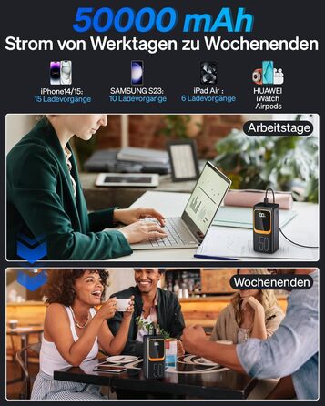 Портативний зарядний пристрій Power Bank 50000 mAh з вбудованим кабелем: швидка зарядка 22,5W, велика ємність, LED-ліхтарик, 7 виходів & 3 входи, чорний
