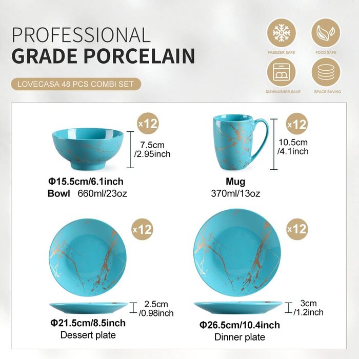 LOVECASA Сервіз столовий порцеляновий, Sweet 16-Piece Комбінований набір, 48-Piece Сервіз, дизайн з золотим напиленням, для 4-12 осіб, колір Aqua-fr-blue