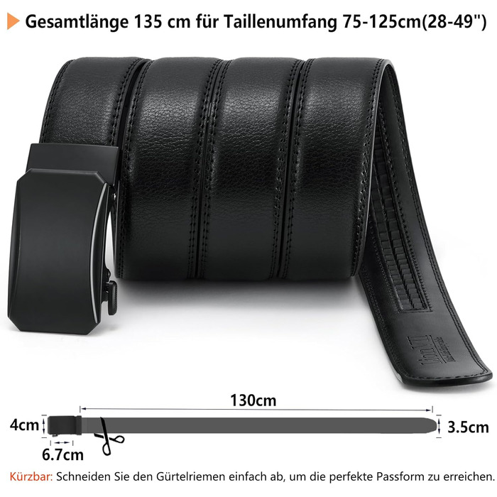 Чоловічий шкіряний ремінь LionVII з автоматичною пряжкою - 3,5 см, регульований, для відпочинку та ділових зустрічей, можна підігнати під обхват 75-125 см, чорний – Kraft