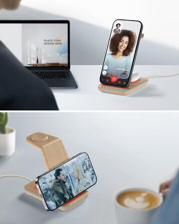 Бездротовий зарядний пристрій JoyGeek 3-в-1 з бамбуковою текстурою для iPhone, Apple Watch, AirPods