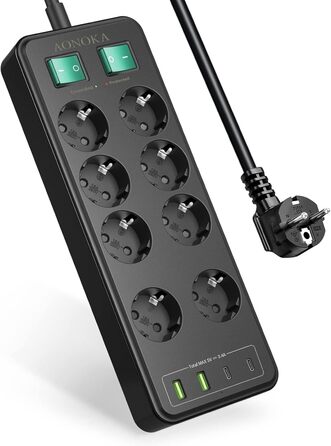 Мережевий фільтр 8 розеток з USB C, USB A, захистом від перенапруги, адаптер розеток, з двома вимикачами, кабель 1.5м, чорний