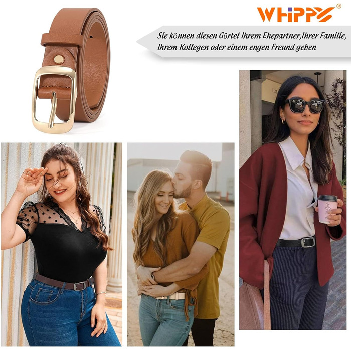 Жіночий шкіряний ремінь WHIPPY великого розміру, модний ремінь з річної шкіри з надійною пряжкою, для джинсів, штанів, суконь (B-коричневий (золота пряжка), S:100см (розмір талії 63-76см))