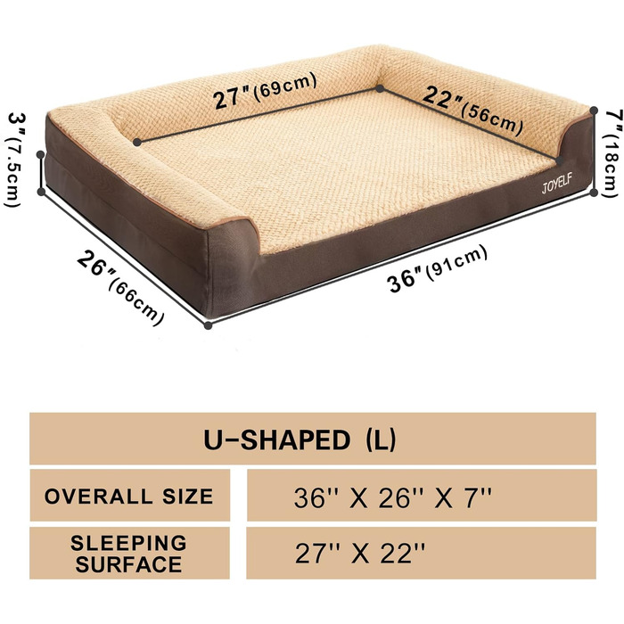 Ортопедичне ліжко для собак Joyelf середнього розміру, U-подібне диван з пінопластової піни знімний, пральний чохол та неслизьке дно для собак маленьких та середніх розмірів (Великий - 90*66*18см, Кофе)