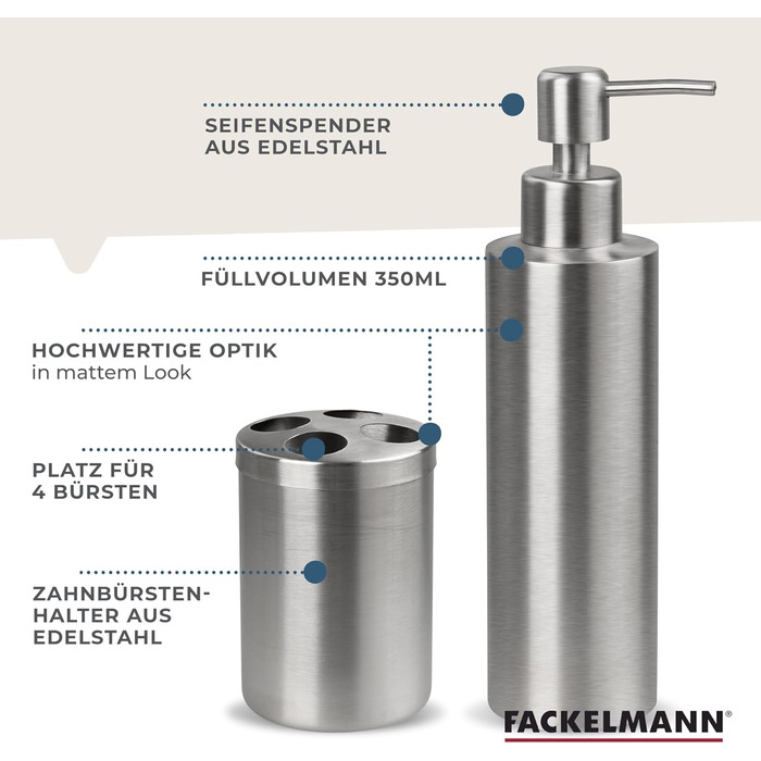 Fackelmann Soap Dispenser & Toothbrush Holder Tecno, dispenser for liquid soap made of high-quality stainless steel, holder for 4 toothbrushes, high-quality toothbrush holder (color: matte silver), quantity: 1 x 2-piece set