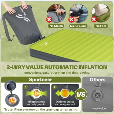 Sportneer Self-Inflating Camping Mat - 198x76cm Thick Sleeping Pad for Outdoor Adventures, Tent Use, Relaxing & Picnics