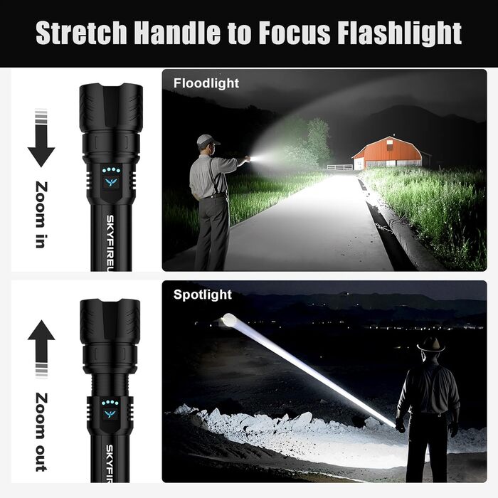 Ліхтар налобний LED Skyfire 900000 Люмен з лінзою для розпалювання вогню, USB, 4 режими яскравості, Zoom, для кемпінгу, надзвичайних ситуацій та походів, чорний