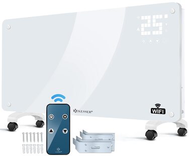 Скляний конвектор KESSER електрообігрівач з WiFi та дистанційним керуванням, 2500 Вт, сенсорний дисплей, таймер, білий