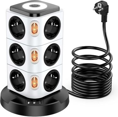 Багаторозетка Acodot Tower з USB, 12 розеток, захист від перенапруги, 4 вимикачі, нічник, 3 USB порти, кабель 3м, 2500W, для офісу, білий