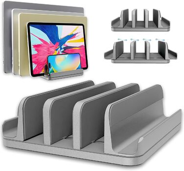 TEFONIA 5-Slot Aluminum Laptop Stand Holder - Adjustable Desk Organizer for MacBook, Surface, Galaxy, iPad, Tablet, iPhone