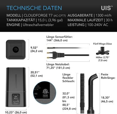 AC Infinity CLOUDFORGE T3 – Увлажнитель воздуха для растений 4,5 л с контролем VPD, 10-ступенчатый распылитель, удлиняемый шланг, защита от протечек, для гроубоксів (15 л)