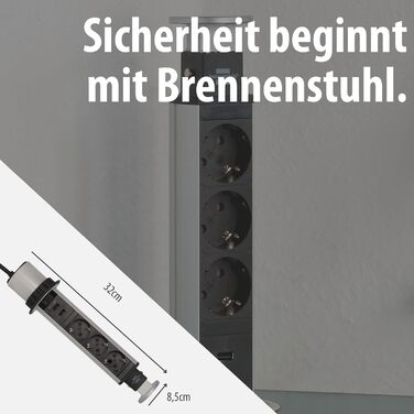 Вбудований мережевий фільтр Brennenstuhl Tower Power, висувна настільна розетка 2м, алюміній/чорний (3 розетки + USB)
