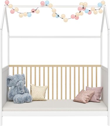 Bellabino Nika Babybett in Hausoptik 70 x 140 cm, crib and house bed for children and babies made of solid pine wood in blue, 3-fold height adjustable including slatted base.