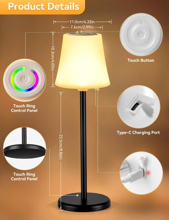 LED настільна лампа акумуляторна 2 шт, біла, IP54, диммування, сенсорне управління, для ресторанів, спальні