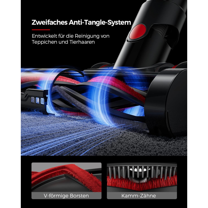 Бездротовий пилосос 48000Pa/550W з акумулятором, 70 хвилин роботи, об'єм 1.6л, 8-шарова фільтрація, тихий, з антизаплутуючим насадкою для твердих поверхонь, червоний, Rot 15 Ultra