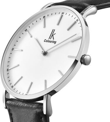 Годинник наручний Alienwork IK Slim Ø36mm для чоловіків та жінок, ультратонкий, шкіряний ремінець (срібло/срібно-білий/чорний шкіряний ремінець)