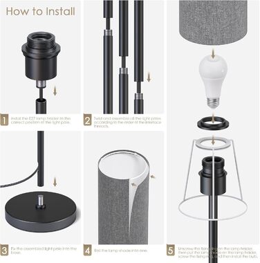 Світлодіодна торшерна лампа 9W з регулюванням яскравості, 3 колірні температури, тканинний абажур, вимикач на нозі, вінтажний дизайн, сірий колір