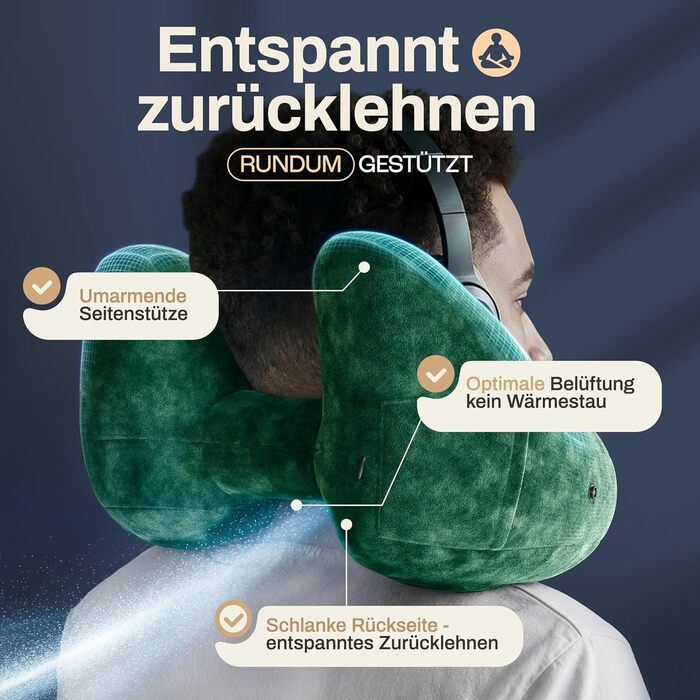 Подушка для шиї HELDENWERK® Air - для подорожей літаком та автомобілем | 5 положень, регульована, знімний капюшон | М'яка, зелена, для жінок та підлітків