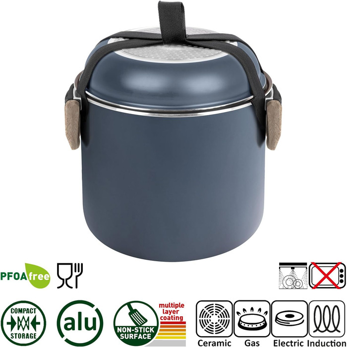 Набір посуду для кемпінгу Brunner HOHES: каструлі та сковорідки з алюмінію (діаметр 18, 20, 22 см), TORRALTA Vakublock, для 2-4 осіб, з антипригарним покриттям, легкий, високоякісний, стакесний.