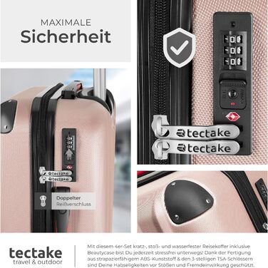 Набір валіз Tectake 4 шт. з відстібними колесами 360°, валізи з жорсткою оболонкою та TSA замком, велика валіза з роздільником, ручна валіза, телескопічна ручка - шампань (рожеве золото)