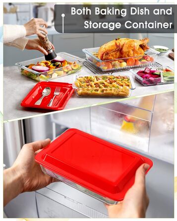 Set of 4 Glass Casserole Dishes with Lids, 1+1.7+2.8+4.2L - Lasagna Dish for Oven (NOT THE LID), Rectangular, Glass Storage Containers with Plastic Lid Rectangular with Lid - 1+1.7+2.8+4.2L