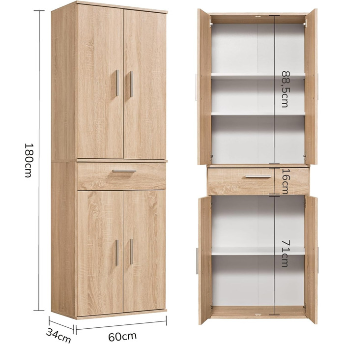 Multipurpose cabinet 60cm wide with drawers 'The Practical', small office cabinet or filing cabinet, also as a shoe cabinet or storage cabinet in 60x90x34 cm (W/H/D) in White (Height 180CM, Sonoma Oak -69)