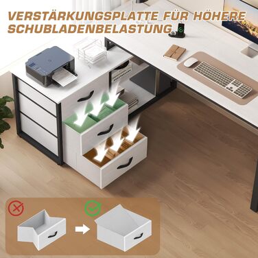 TRIUMPHKEY L-Shaped Desk with 3 Drawers & Storage - Reversible Corner Desk with USB Charging Ports & Outlets - White & Grey (140 x 105 x 75 cm)