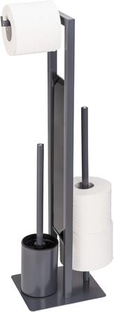WENKO Stand WC-Garnitur Rivalta, freestanding toilet set with toilet brush, toilet paper and spare roll holder, matt lacquered steel, safety glass splash plate, 18 x 70 x 23 cm, Grey Grey/Black/Black
